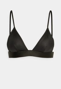 Svart trekantbh med glatt stoff, tynne justerbare stropper og solid bærestykke under brystet. Minimalistisk design med matt overflate.