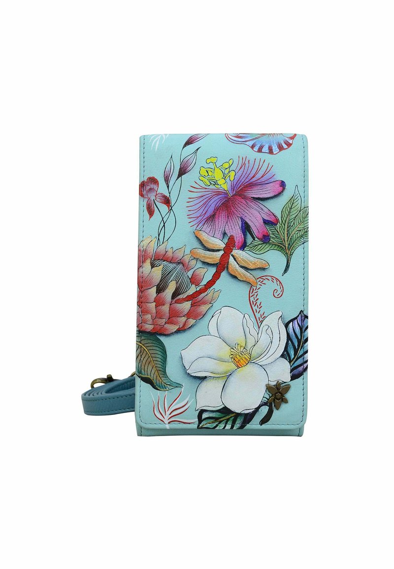 Florale Geldbörse aus hellblauem Leder, mit detailliert bestickten Blumen und Blättern in Pink, Rot und Grün. Enthält einen abnehmbaren Tragegurt.