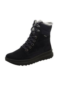 Stivale in suede blu navy con bordo in pelliccia sintetica, punta rotonda, design con lacci, suola in gomma nera a contrasto e occhielli in metallo per i lacci.