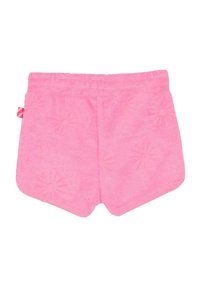 Roze badstof shorts met een gestructureerd bloemenpatroon. Voorzien van een rekbare tailleband en een sportieve, afgeknipte stijl.