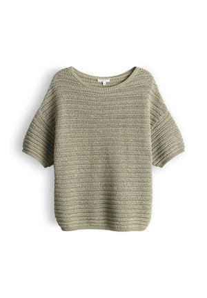 Light olive green knitted short-sleeve sweater with a round neckline and textured horizontal stitch pattern.