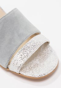 Sandale à glissière en daim gris avec une large bande argentée étincelante. Texture lisse sur la partie supérieure, bande inférieure scintillante en contraste. Semelle plate.