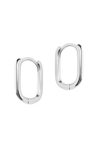 Srebrne metalowe kolczyki w kształcie obręczy o prostokątnym designie, gładkiej fakturze i delikatnym zakrzywieniu. Każdy kolczyk wyposażony jest w pewne zapięcie.