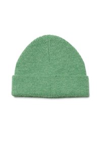 Beanie verde in maglia realizzato in lana testurizzata, presenta un design a coste con risvolto piegato e parte superiore rotonda. Semplice e funzionale.
