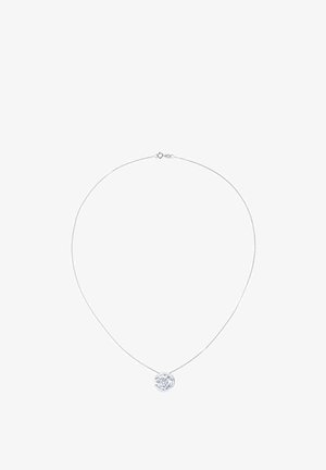 Silver necklace featuring a round, clear gemstone pendant. The chain is thin and sleek with a lobster clasp closure.