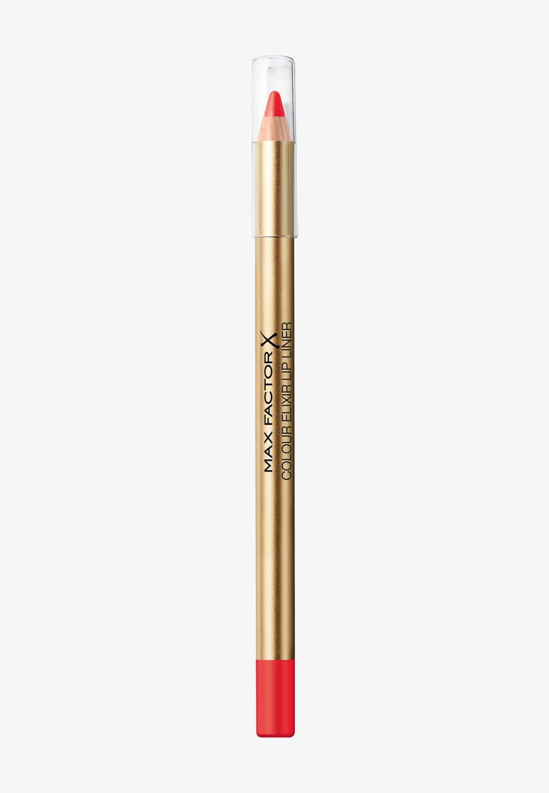 Crayon à lèvres couleur or avec une pointe rouge pointue et un capuchon transparent. Présente un texte en noir indiquant le nom du produit et les détails.