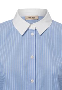 Light blue striped shirt with a white collar, featuring a button-down front and a label reading "MOS MOSH" inside the collar.