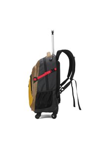 Zaino con ruote in tessuto multicolore: grigio, marrone e giallo. Presenta un manico telescopico, spalline regolabili e tasche in mesh.