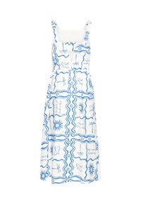 Robe midi blanche sans manches avec des motifs bleus de soleil, d'oiseau et de vague, dotée d'un décolleté carré et d'une taille cintrée.