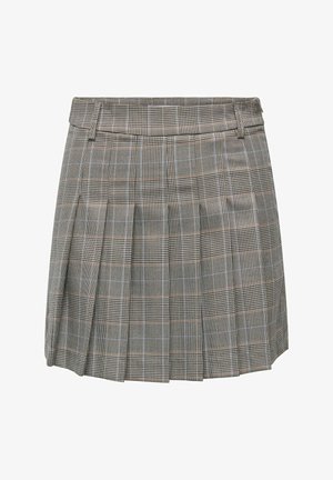 Rutig kjol med veck, i grå, svart och brun färgskala. Tillverkad av en strukturerad tyg med fast midjeband.