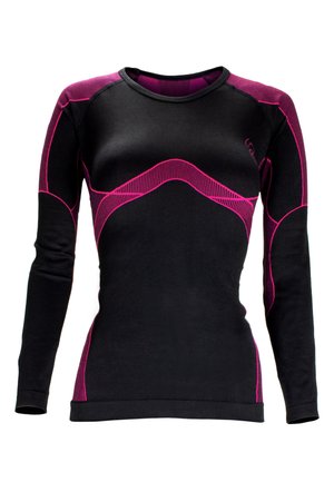 Black long-sleeve athletic shirt with pink mesh accents, featuring a fitted design and textured panels along the arms and body.