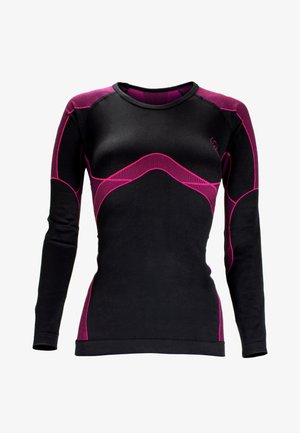 Black long-sleeve athletic shirt with pink mesh accents, featuring a fitted design and textured panels along the arms and body.