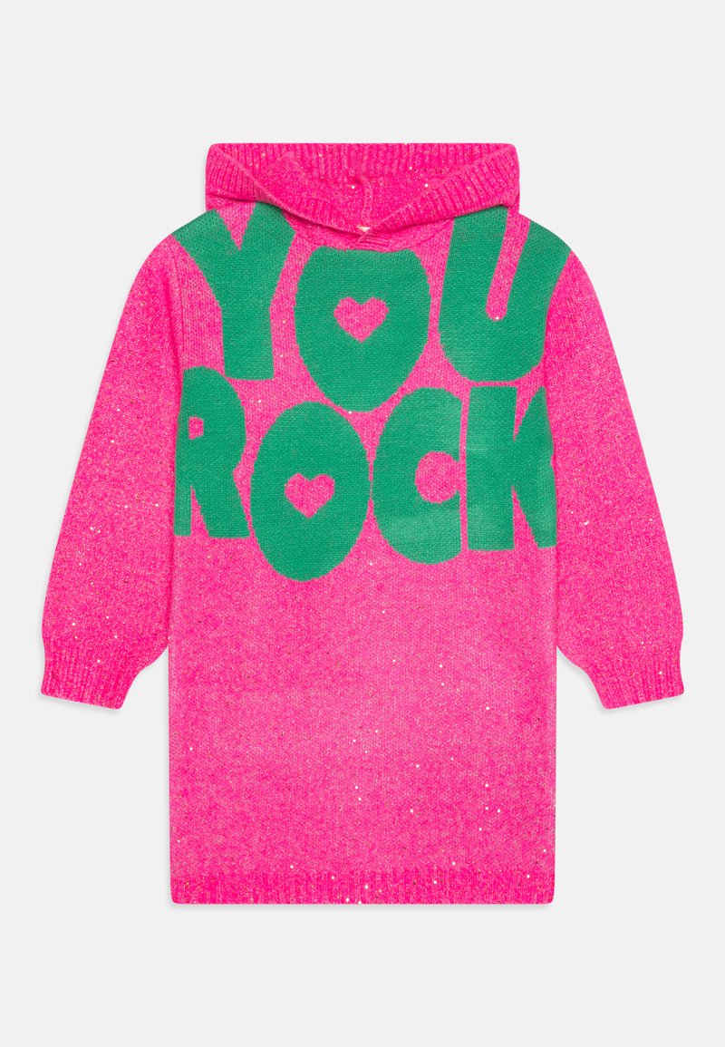 Pull rose avec paillettes, arborant un grand texte vert "VOUS GÉNIALE" et des cœurs en accents. Conçu avec une capuche et des manches longues.