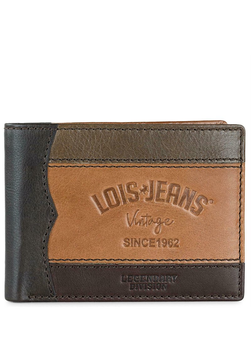 Cartera de cuero marrón y negro con acabado texturado, logotipo en relieve y rayas en contraste; presenta bordes cosidos y un estilo vintage.