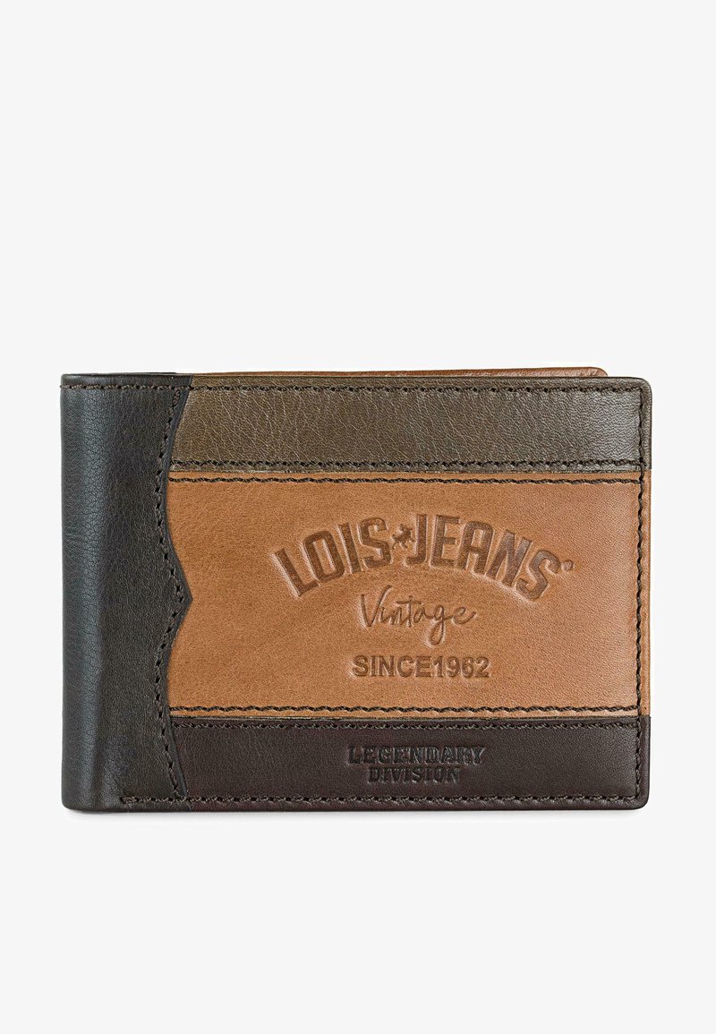 Cartera de cuero marrón y negro con acabado texturado, logotipo en relieve y rayas en contraste; presenta bordes cosidos y un estilo vintage.