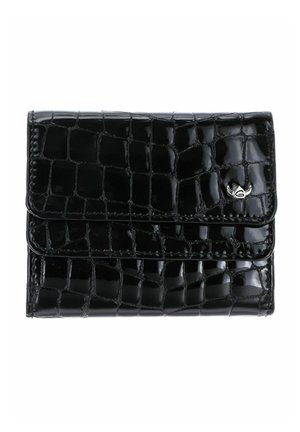 Portefeuille noir brillant à texture de crocodile avec un petit emblème argenté sur le rabat avant, forme rectangulaire, design plié.