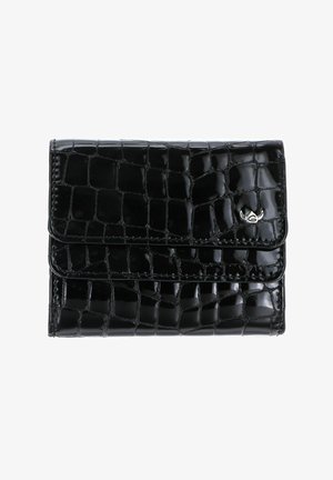 Portefeuille noir brillant à texture de crocodile avec un petit emblème argenté sur le rabat avant, forme rectangulaire, design plié.