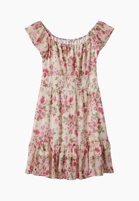 Květinové šaty v světle béžové barvě s růžovými růžemi a zelenými listy. Mají krátké rozpuštěné rukávy, elastický výstřih a stupňovitý volánkový lem.