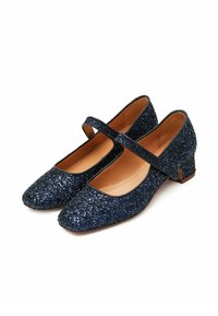 Scarpe Mary Jane blu glitterate con punta arrotondata, tacco basso e una fascia sopra il piede. Fodera interna liscia.