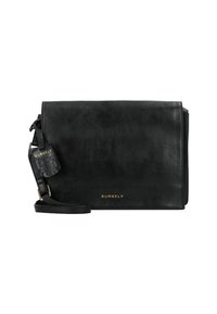 Borsa a tracolla in pelle nera con un design strutturato, dettagli in metallo dorato e un'etichetta con il marchio, dotata di una tracolla staccabile.