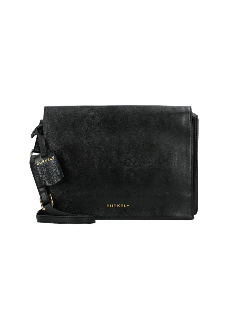 Borsa a tracolla in pelle nera con un design strutturato, dettagli in metallo dorato e un'etichetta con il marchio, dotata di una tracolla staccabile.