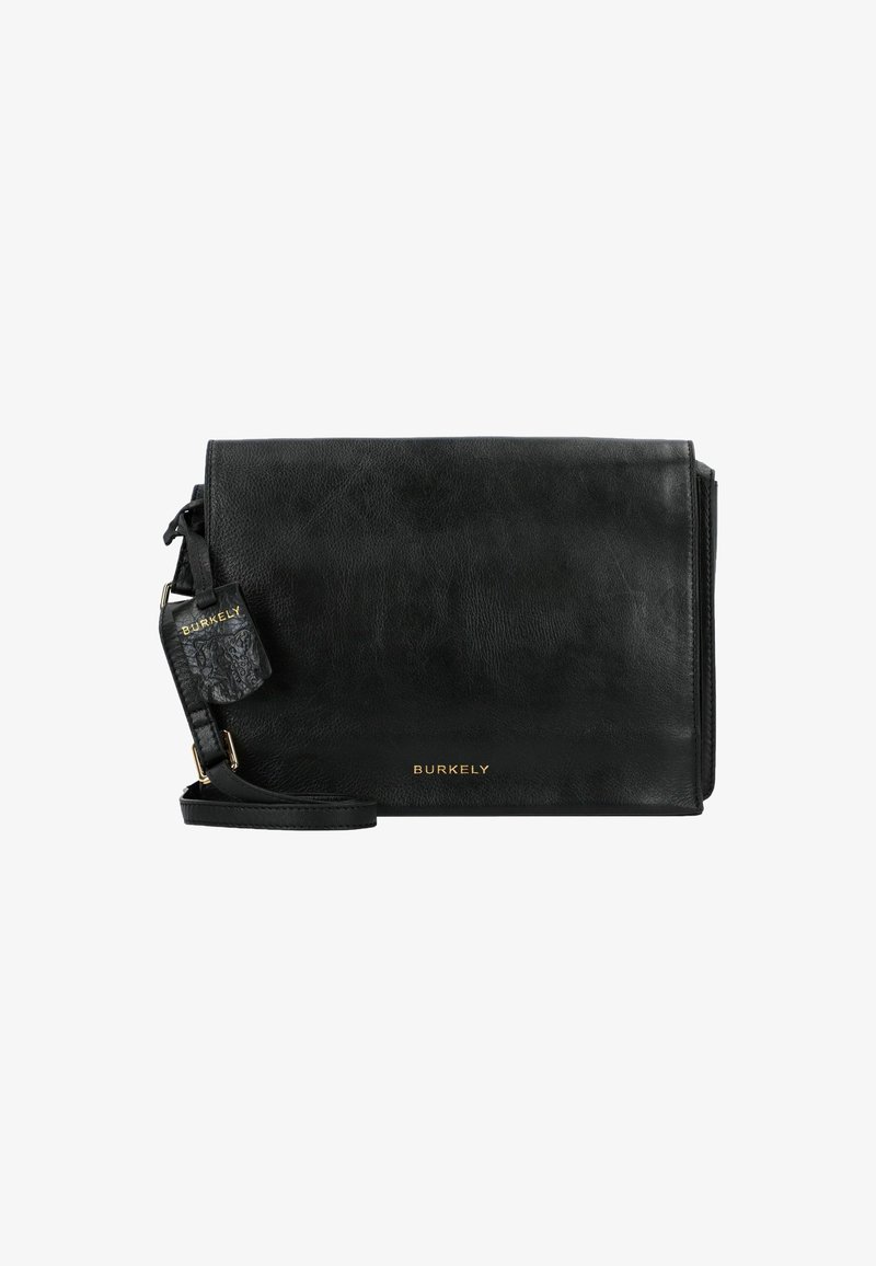 Borsa a tracolla in pelle nera con un design strutturato, dettagli in metallo dorato e un'etichetta con il marchio, dotata di una tracolla staccabile.