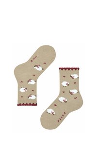 Beżowe skarpetki z wzorem owiec i serc, z falbanką na górnej krawędzi oraz literami "FALKE" w kolorze bordowym. Wykonane z miękkiego materiału dla wygody.