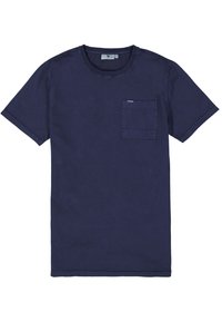 Marineblauwe katoenen t-shirt met een ronde hals, korte mouwen en een borstzak. Kenmerkt zich door een eenvoudige, gestructureerde afwerking en verstevigde stiksels.