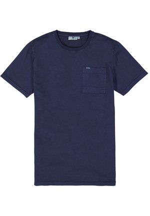 Marineblaue Baumwoll-T-Shirt mit Rundhalsausschnitt, kurzen Ärmeln und einer Brusttasche. Es hat eine einfache, strukturierte Oberfläche und verstärkte Nähte.