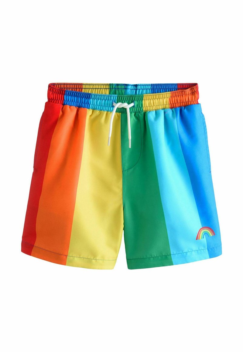 Maillots de bain colorés avec des rayures verticales en rouge, orange, jaune, vert et bleu. Comprend un petit graphique de rainbow en bas.