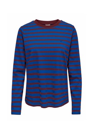 Camicia blu a maniche lunghe con strisce orizzontali rosso scuro e collo rotondo rosso scuro.
