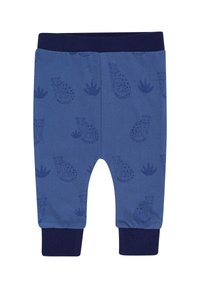 Blauwe katoenen broeken met marineblauwe manchetjes, met een herhalend patroon van leopards en agaveplanten. Zachte textuur en een elastische tailleband.