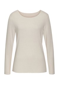 Cream long-sleeve top with a scoop neckline, made from soft knit fabric. Features a fitted silhouette and subtle texture throughout.