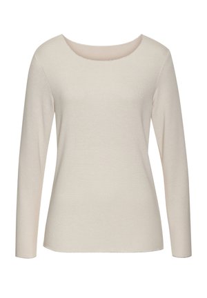 Cream long-sleeve top with a scoop neckline, made from soft knit fabric. Features a fitted silhouette and subtle texture throughout.