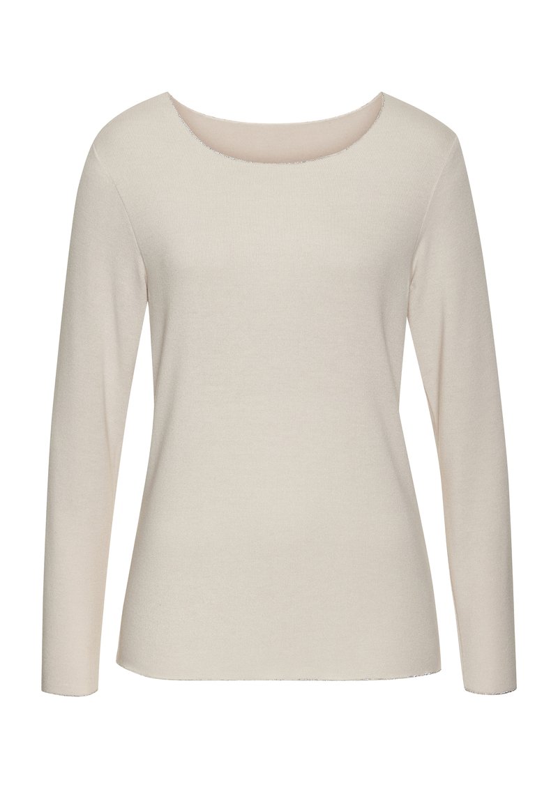 Cream long-sleeve top with a scoop neckline, made from soft knit fabric. Features a fitted silhouette and subtle texture throughout.