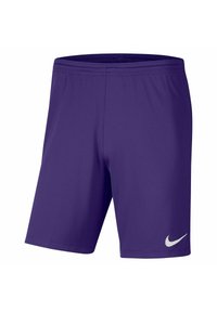 Paarse sportshorts van lichtgewicht stof, met een elastische tailleband en een zilveren Nike-logo accent rechtsonder.