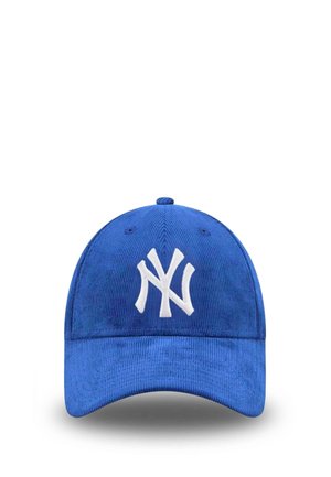Blauer Baseballmütze aus Cord mit gebogenem Schirm und weißem, besticktem "NY"-Logo auf der Vorderseite. Verfügt über eine strukturierte Stoffoberfläche und sechs Lüftungslöcher.