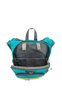 Zaino teal e grigio con un vano principale che presenta un interno nero. I dettagli notevoli includono cerniere e tasche frontali con accenti arancioni.