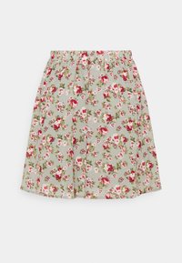 Blumiger Rock aus leichtem Stoff mit grünem Grund, versehen mit roten und weißen Blumen, einem elastischen Bund und plissiertem Design.