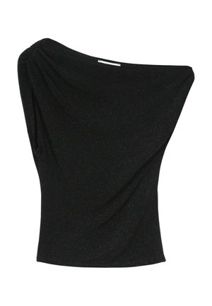 Haut noir présentant un design épaules dénudées avec une silhouette drapée et des petites paillettes métalliques subtiles, confectionné dans un tissu doux et flexible.
