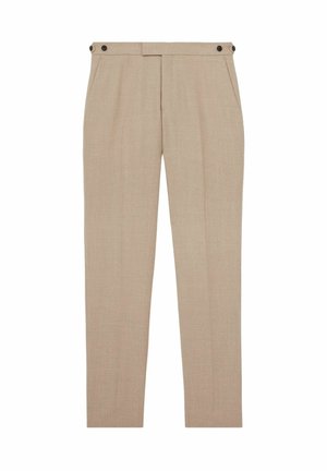 Beige op maat gemaakte broeken met een soepele textuur, twee voorzakken en dubbele knoopsluiting aan de taille. Rechte pijpen.