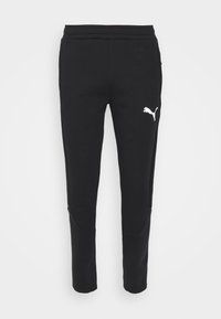 Zwarte sweatpants van zachte stof, met een tapering ontwerp, elastische tailleband en een wit Puma logo op de linker dij.