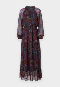 Vestido longo em padrão paisley em azul-marinho, com padrões multicoloridos, barra com babados, faixa elástica na cintura e mangas longas transparentes com gola alta.