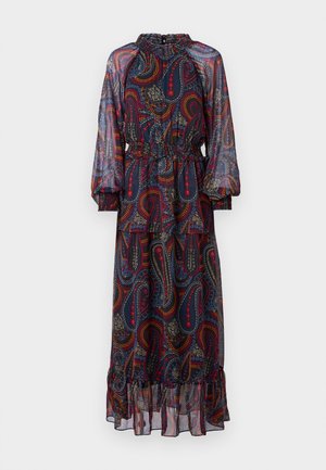Vestido longo em padrão paisley em azul-marinho, com padrões multicoloridos, barra com babados, faixa elástica na cintura e mangas longas transparentes com gola alta.