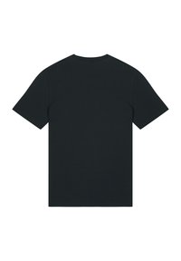 Zwarte katoenen t-shirt met korte mouwen, ronde hals en een effen achterkant. Glad textuur zonder zichtbare patronen of accenten.