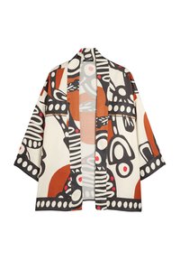 Wielokolorowy kimono z abstrakcyjnymi wzorami w brązie, czerni i czerwieni na kremowym tle. Lekka tkanina, otwarty przód i szerokie rękawy.