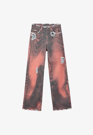 Jeans a gamba larga effetto tie-dye nero e corallo con dettagli strappati sulle tasche, coscia e ginocchia.