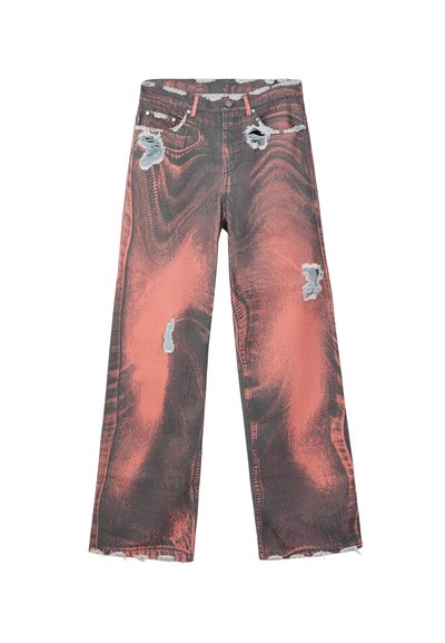 Verweerde wijde jeans met zwarte en koraalkleurige tie-dye-effecten, voorzien van gescheurde details op de zakken, dij en kniegewricht.