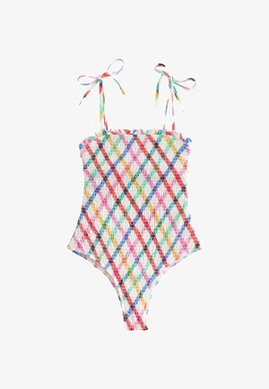 Vienos dalies maudymosi kostiumėlis su smalkuota išvaizda ir spalvingu rombų raštu raudonos, mėlynos, žalios, geltonos ir rožinės spalvų. Surišamas ant peties.