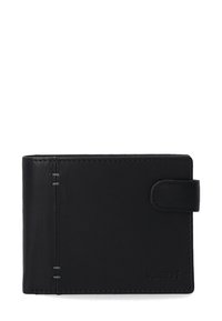 Zwarte leren portemonnee met een gladde textuur, voorzien van een drukknopsluiting en zichtbare stiksels langs de zijkant, met een geperst logo aan de voorkant.